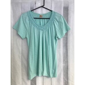 JM Collection Womens Aqua Blue Crochet Trim Cotton Slub Knit Short Sleeve Top M